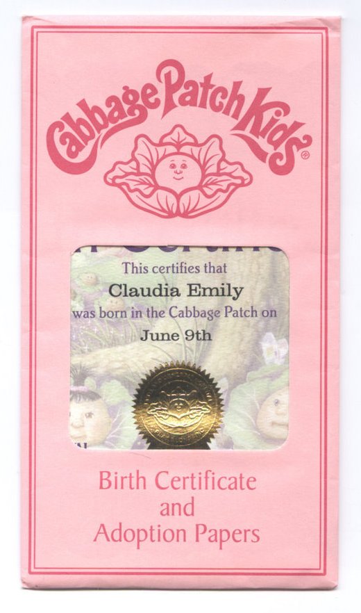 cabbage patch doll birth certificate